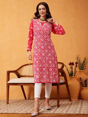 Women'S Hand Embroidered Carrot Pink Georgette Lucknow Chikankari Women Kurta With Slip 1