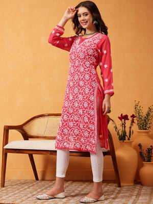 Women'S Hand Embroidered Carrot Pink Georgette Lucknow Chikankari Women Kurta With Slip 3
