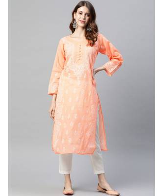 Ada Hand Embroidered Peach Cotton Lucknowi Chikan Women Kurta - A236287 1