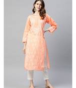Ada Hand Embroidered Peach Cotton Lucknowi Chikan Women Kurta - A236287