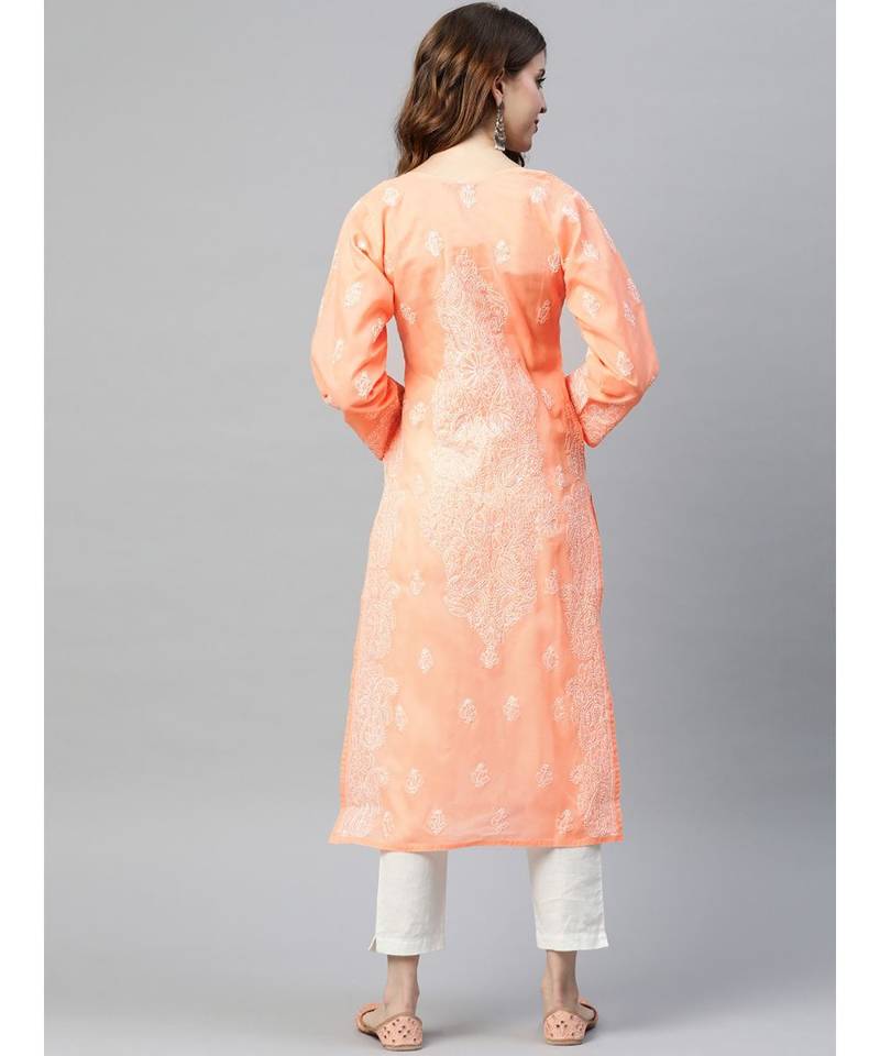 Ada Hand Embroidered Peach Cotton Lucknowi Chikan Women Kurta - A236287