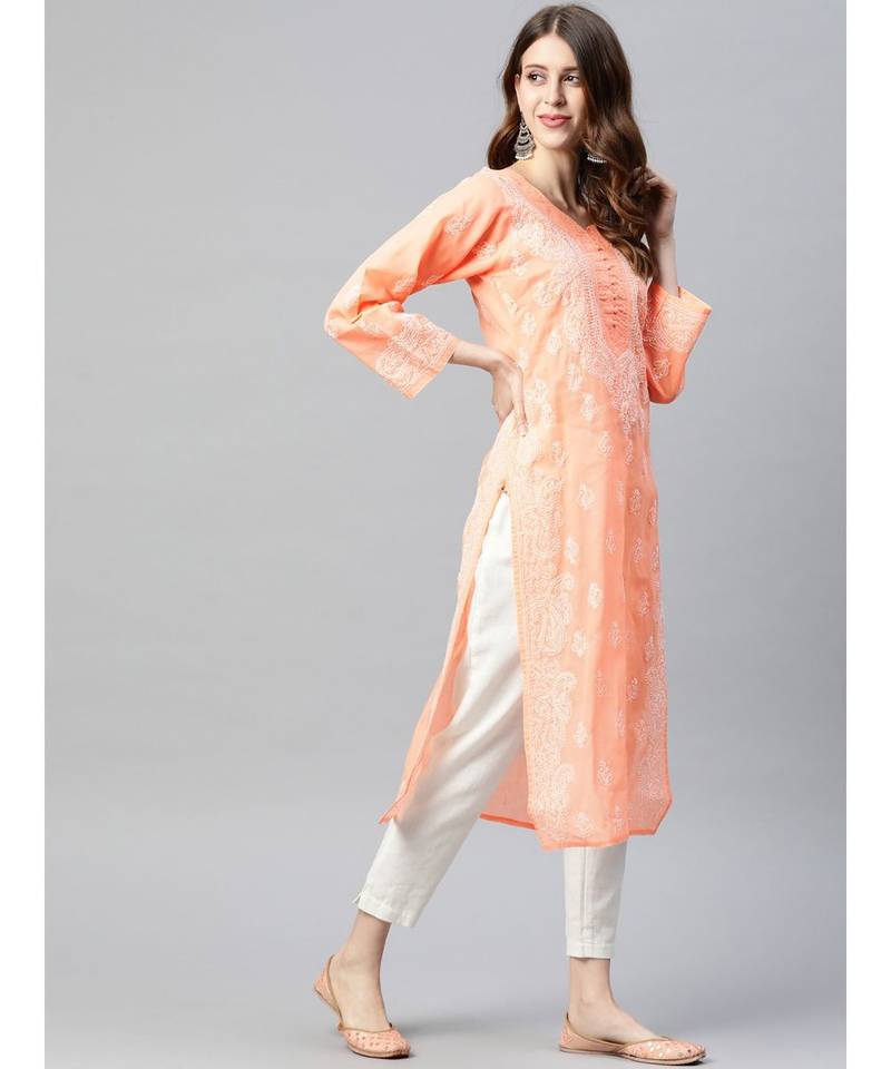 Ada Hand Embroidered Peach Cotton Lucknowi Chikan Women Kurta - A236287