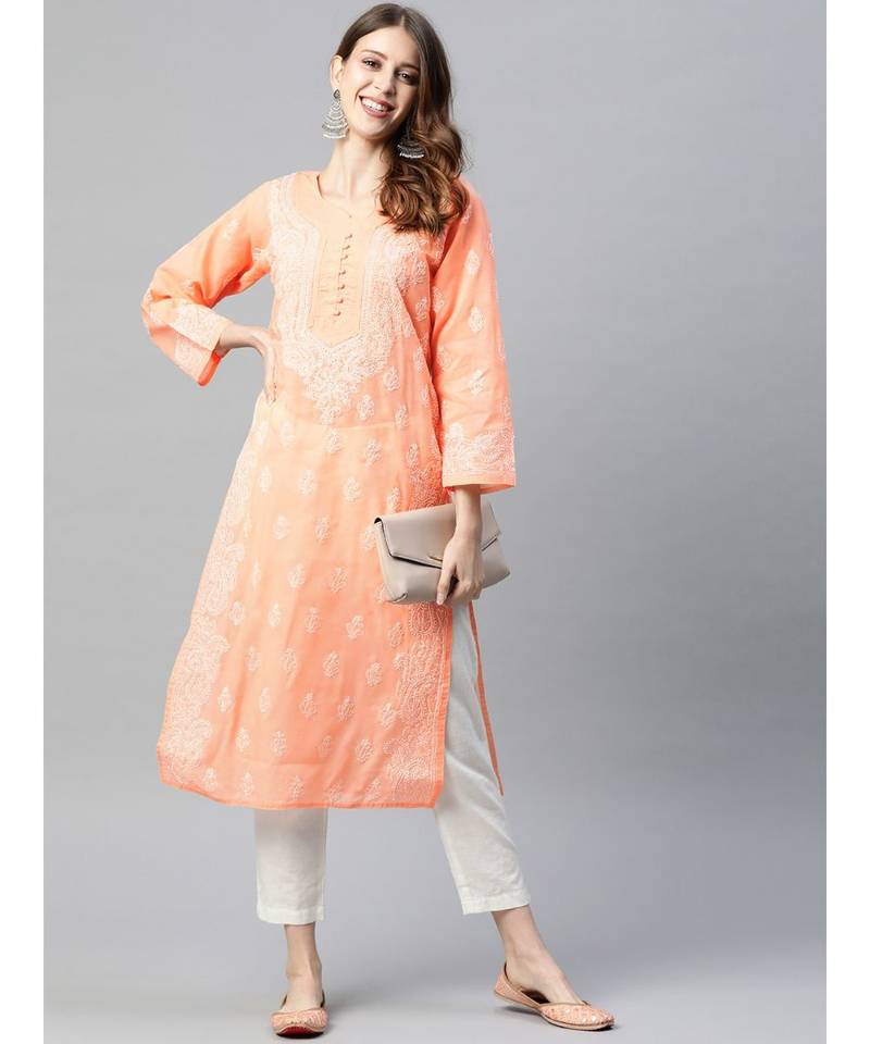 Ada Hand Embroidered Peach Cotton Lucknowi Chikan Women Kurta - A236287