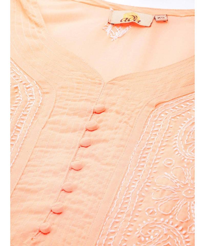 Ada Hand Embroidered Peach Cotton Lucknowi Chikan Women Kurta - A236287