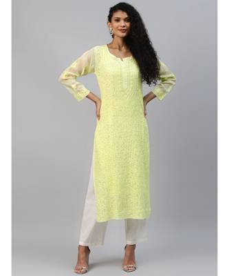 Hand Embroidered Lime Green Kota Lucknow Chikankari Women Kurta With Slip 1