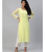 Hand Embroidered Lime Green Kota Lucknow Chikankari Women Kurta With Slip