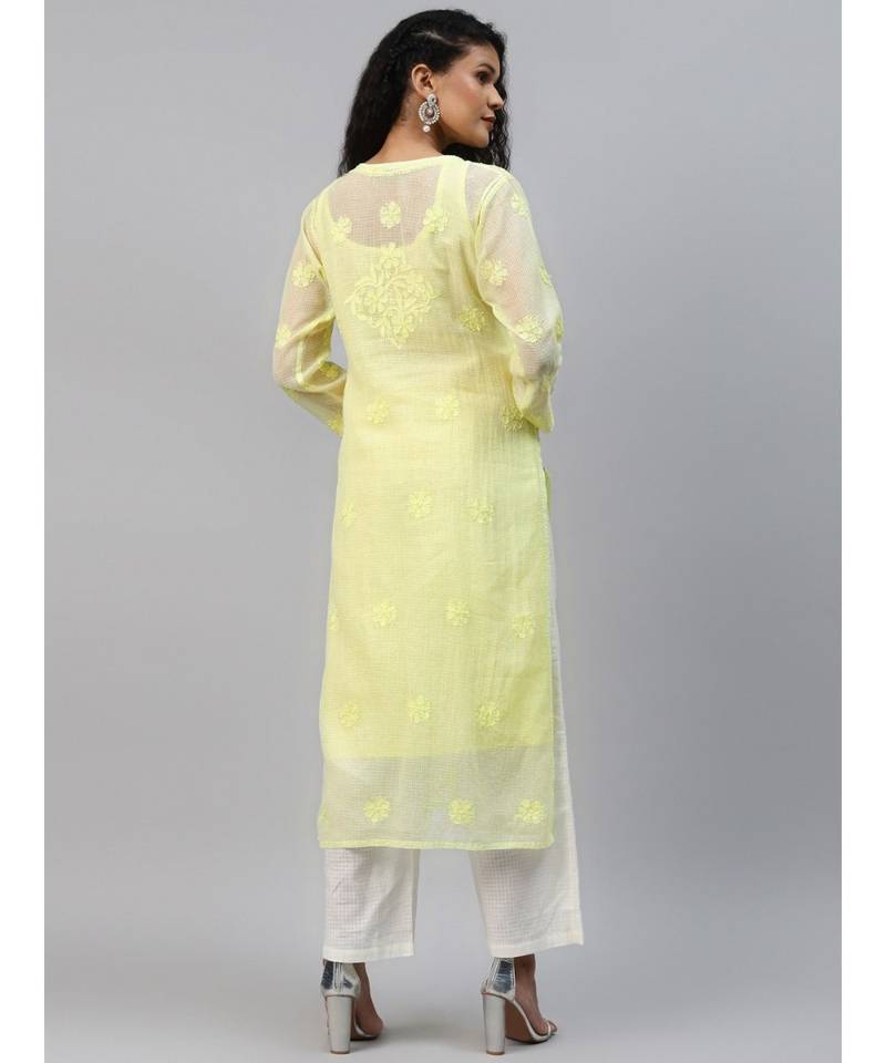 Hand Embroidered Lime Green Kota Lucknow Chikankari Women Kurta With Slip
