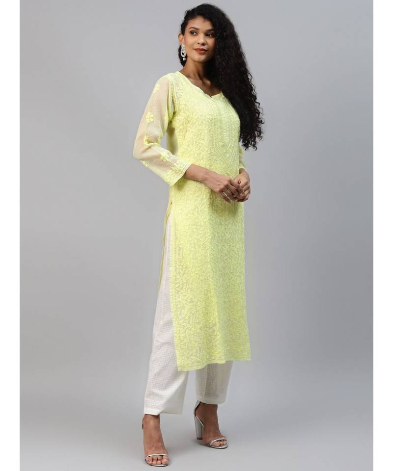 Hand Embroidered Lime Green Kota Lucknow Chikankari Women Kurta With Slip