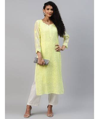 Hand Embroidered Lime Green Kota Lucknow Chikankari Women Kurta With Slip 4