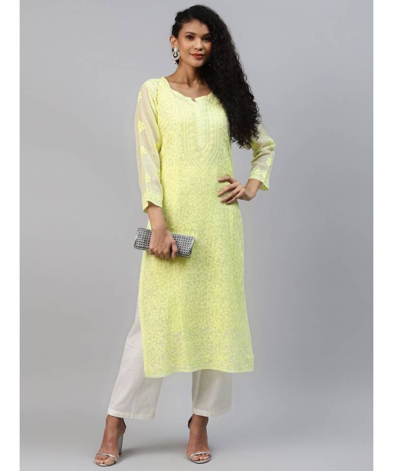 Hand Embroidered Lime Green Kota Lucknow Chikankari Women Kurta With Slip