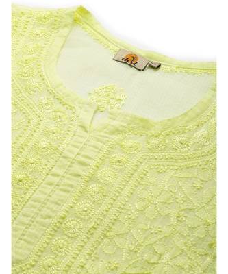 Hand Embroidered Lime Green Kota Lucknow Chikankari Women Kurta With Slip 5