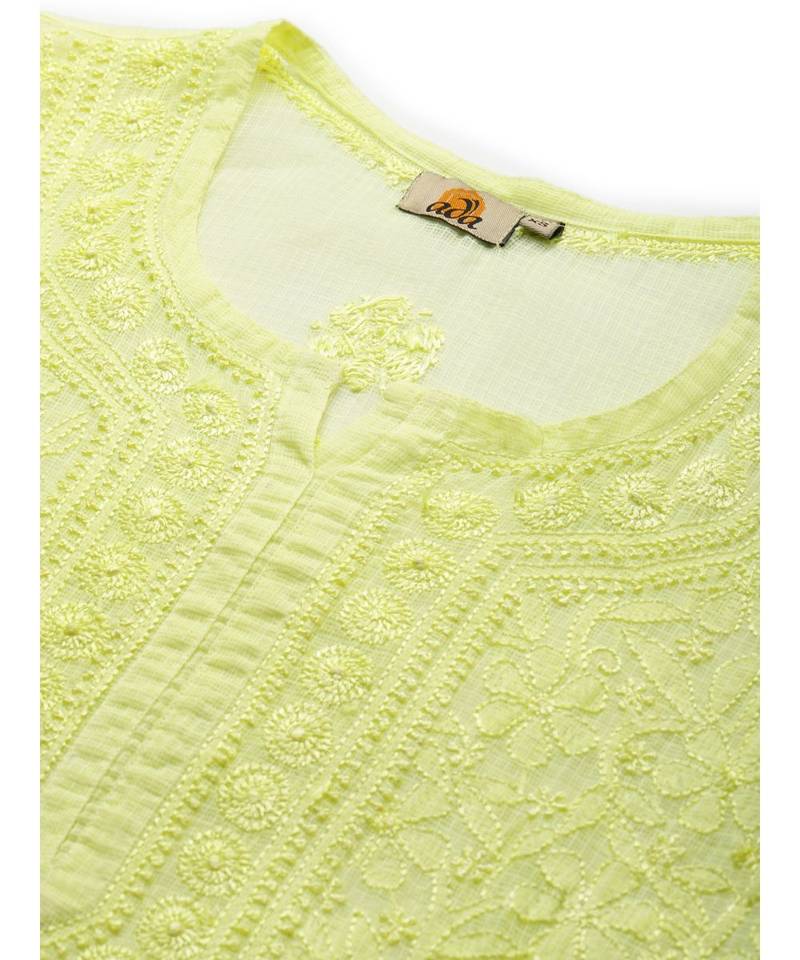 Hand Embroidered Lime Green Kota Lucknow Chikankari Women Kurta With Slip