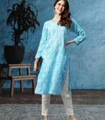 Hand Embroidered Blue Cotton Lucknow Chikan Women Kurta