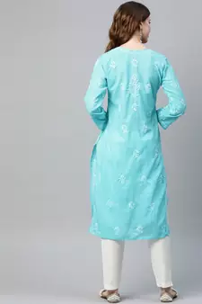 Hand Embroidered Blue Cotton Lucknow Chikan Women Kurta