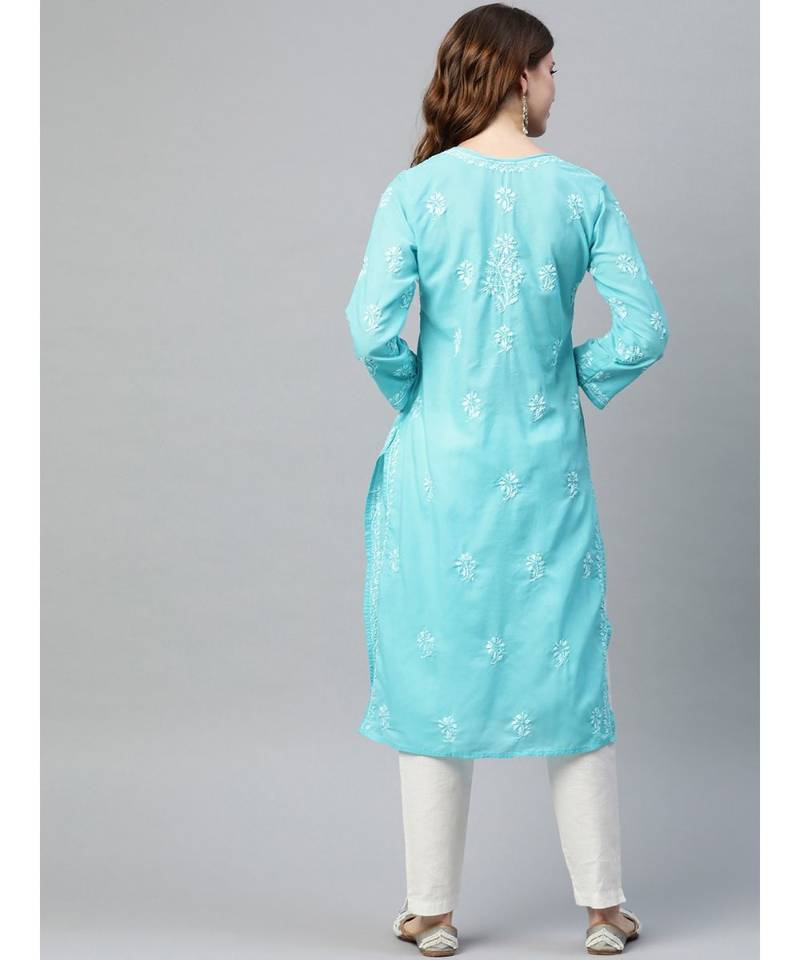 Hand Embroidered Blue Cotton Lucknow Chikan Women Kurta
