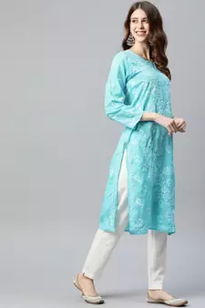 Hand Embroidered Blue Cotton Lucknow Chikan Women Kurta