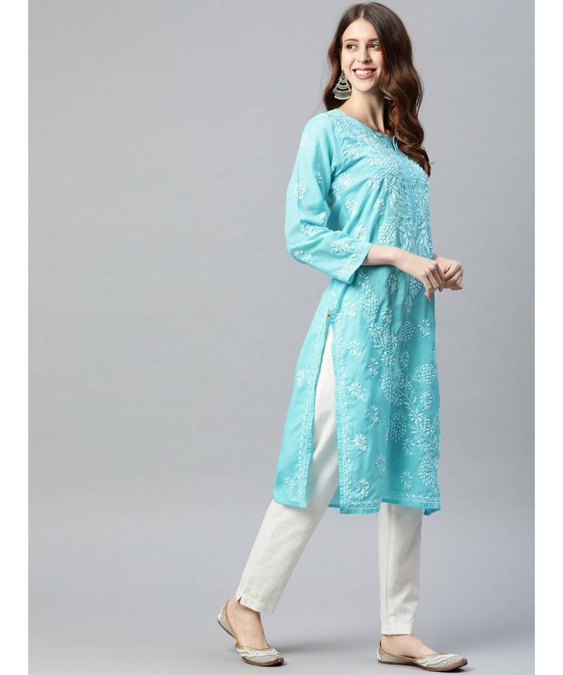 Hand Embroidered Blue Cotton Lucknow Chikan Women Kurta