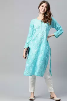 Hand Embroidered Blue Cotton Lucknow Chikan Women Kurta