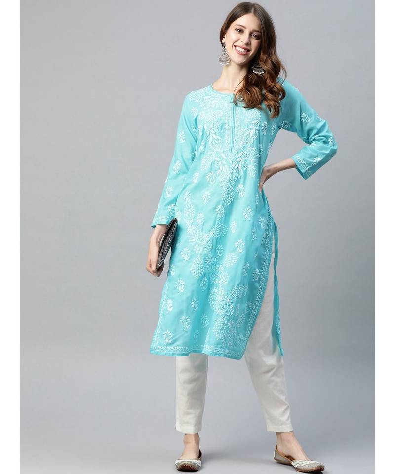 Hand Embroidered Blue Cotton Lucknow Chikan Women Kurta