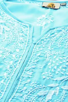 Hand Embroidered Blue Cotton Lucknow Chikan Women Kurta