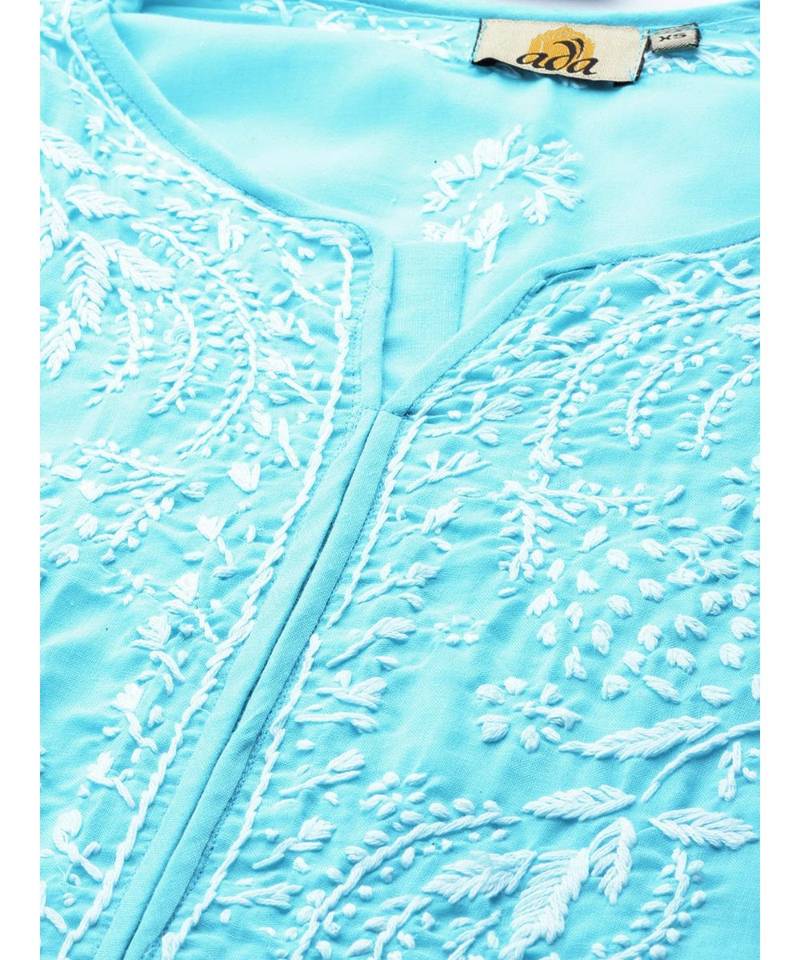 Hand Embroidered Blue Cotton Lucknow Chikan Women Kurta