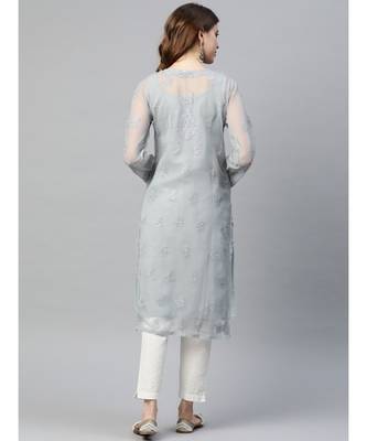 Hand Embroidered Grey Georgette Lucknowi Chikankari Women Kurta With Slip 2