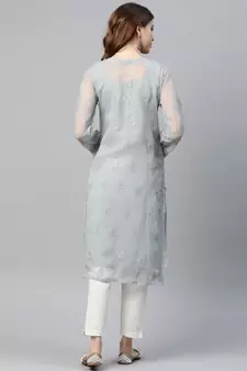 Hand Embroidered Grey Georgette Lucknowi Chikankari Women Kurta With Slip