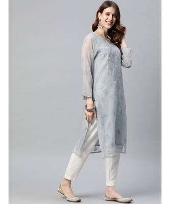 Hand Embroidered Grey Georgette Lucknowi Chikankari Women Kurta With Slip 3