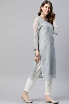 Hand Embroidered Grey Georgette Lucknowi Chikankari Women Kurta With Slip