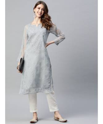 Hand Embroidered Grey Georgette Lucknowi Chikankari Women Kurta With Slip 4