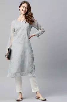 Hand Embroidered Grey Georgette Lucknowi Chikankari Women Kurta With Slip