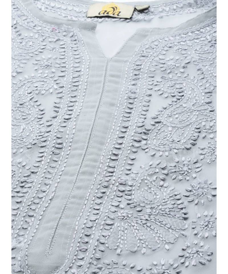 Hand Embroidered Grey Georgette Lucknowi Chikankari Women Kurta With Slip