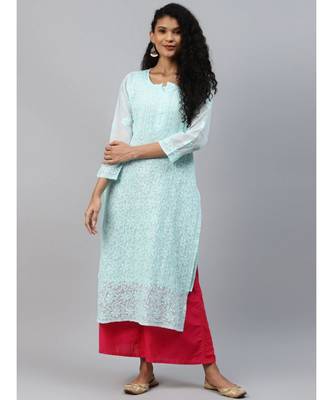 Hand Embroidered Sea Green Kota Lucknow Chikankari Women Kurta With Slip 1