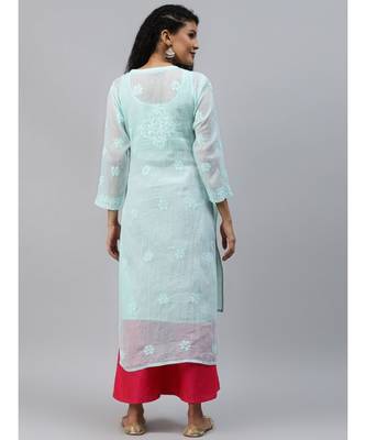 Hand Embroidered Sea Green Kota Lucknow Chikankari Women Kurta With Slip 2