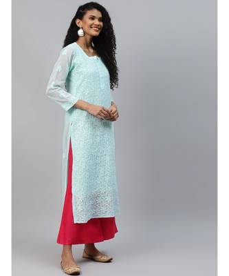 Hand Embroidered Sea Green Kota Lucknow Chikankari Women Kurta With Slip 3