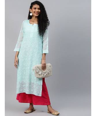 Hand Embroidered Sea Green Kota Lucknow Chikankari Women Kurta With Slip 4