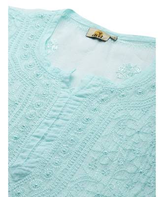 Hand Embroidered Sea Green Kota Lucknow Chikankari Women Kurta With Slip 5