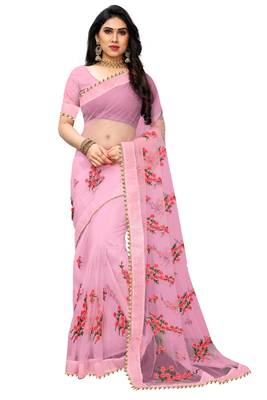 Baby Pink embroidery Plain Weave Net Saree With blouse piece 1