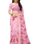 Baby Pink embroidery Plain Weave Net Saree With blouse piece