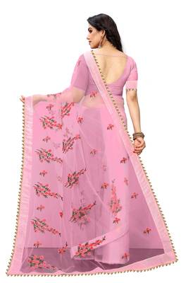 Baby Pink embroidery Plain Weave Net Saree With blouse piece 2