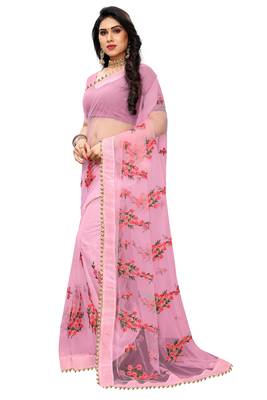 Baby Pink embroidery Plain Weave Net Saree With blouse piece 3