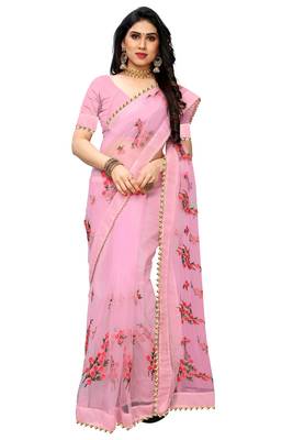 Baby Pink embroidery Plain Weave Net Saree With blouse piece 4