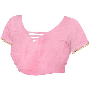 Baby Pink embroidery Plain Weave Net Saree With blouse piece 5