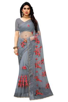 Grey embroidery  Plain Weave Net Saree With blouse piece 1
