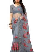 Grey embroidery  Plain Weave Net Saree With blouse piece