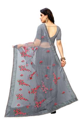 Grey embroidery  Plain Weave Net Saree With blouse piece 2