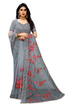 Grey embroidery  Plain Weave Net Saree With blouse piece 3