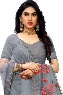 Grey embroidery  Plain Weave Net Saree With blouse piece 4