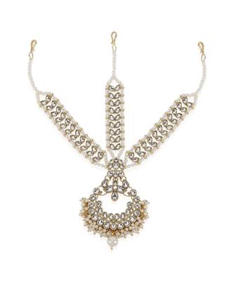 Women Gold Plated & White Kundan & Pearl Embellished Matha Patti 1