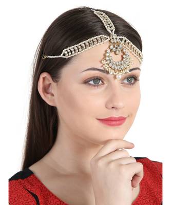 Women Gold Plated & White Kundan & Pearl Embellished Matha Patti 2